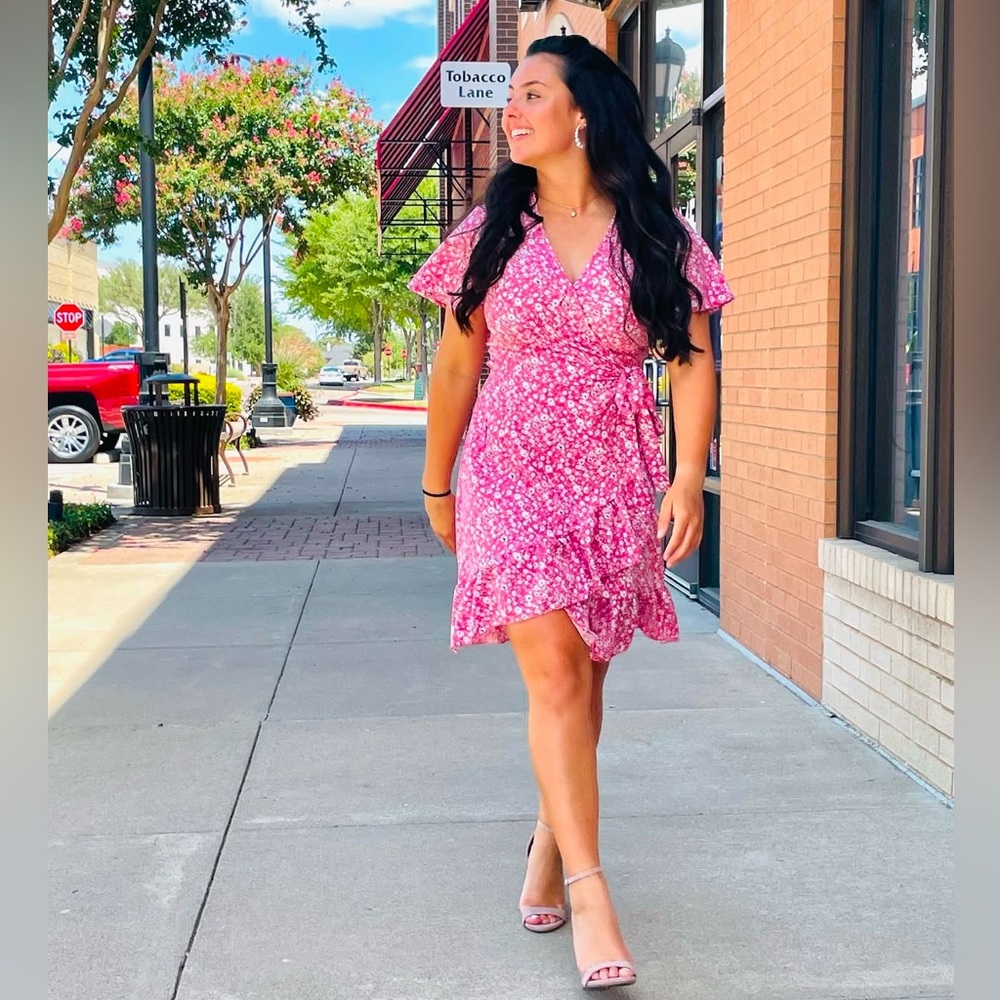 Pink Floral Casual Wrap Dress - Small